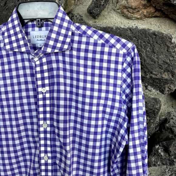 Ledbury Mens Purple Gingham Check Button Up Long Sleeve Medium 15 1/2 - Picture 4 of 8